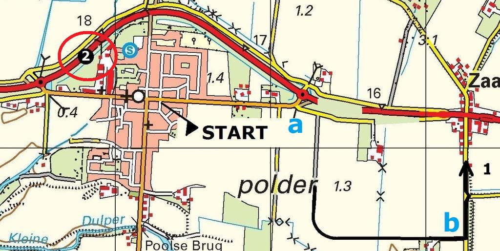 De kortste route naar de voet van pijl 2 ging over de noordelijke parallelweg waar je door KK12 gedwongen werd de route te vervolgen langs de stempel door de noordelijke Groenweg, Molenweg (V)om het