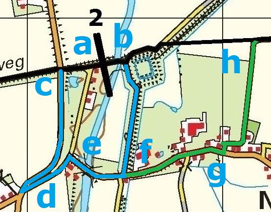 Kaartfragment Zuiddorpe, BARIL (Ingetekende lijn met blokkades) van A naar B De kaart rondom blokkade 1 was zo gemanipuleerd dat je route pas bij H op de zuidelijke