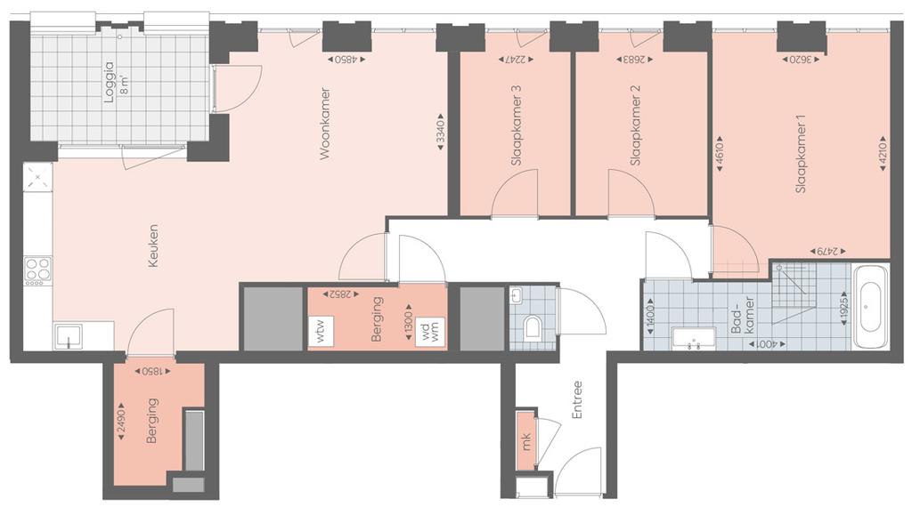 WOIGTYPE I1 Toren 3 e 9-5 Woonoppervlakte ca. 106 m 2 Ruime woonkamer met open keuken en deur naar de loggia Witte keuken in hoekopstelling incl.