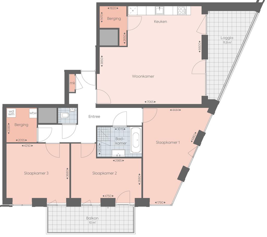 MORCH III K1 Toren 21 e 9-112 22 e 9-116 Woonoppervlakte ca. 125 m 2 Ruime woonkamer met open keuken en deur naar de loggia Witte keuken in rechte opstelling incl.