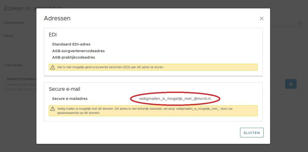 Klikt u op een van de gevonden resultaten, wordt onderstaand scherm getoond waarin wordt aangegeven dat veilig e-mailen met dit domein mogelijk is.