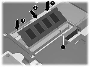 c. Kantel de geheugenmodule (3) voorzichtig naar beneden, waarbij u drukt op de linker- en rechterrand van de module,