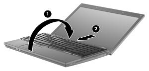 Voor 15- en 17-inch computers: keer het toetsenbord om (1) in het toetsenbordvak en schuif het toetsenbord weer op