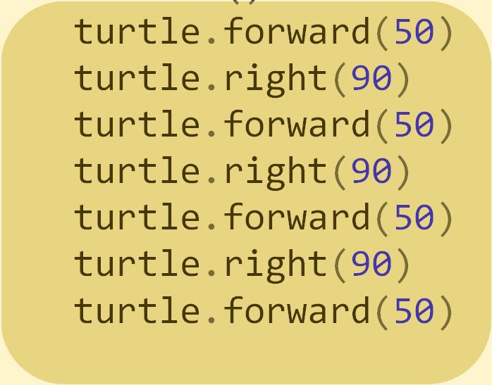 Functies definiëren en gebruiken import turtle turtle.pendown() # tekenen van een vierkant turtle.forward(50) turtle.