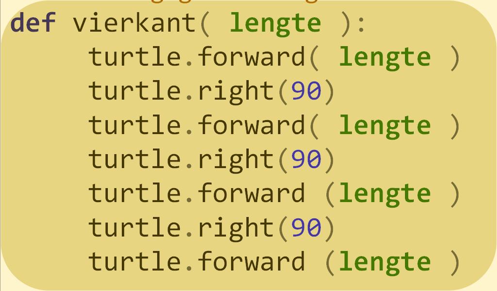 Parameters gebruiken import turtle import turtle turtle.pendown() # tekenen van een vierkant turtle.forward(50) turtle.right(90) turtle.