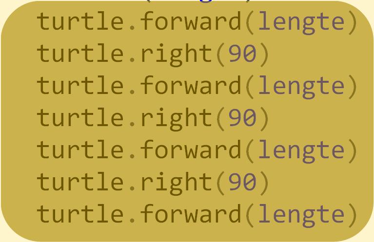 Hoe het programma verloopt import turtle 3 4... 9 #FUNCTIE DEFINITIE def vierkant(lengte): turtle.forward(lengte) turtle.right(90) turtle.