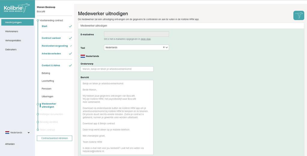 De medewerker ontvangt nu een e-mail om de Kolibrie app te downloaden en het contractaanbod te bekijken, te accepteren en gegevens aan te vullen.