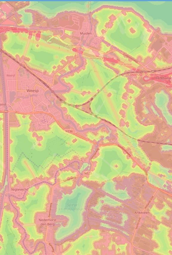 Verstoring (figuur 66), beoordeeld als niet verstoord bij afwezigheid van bebouwing en opgaande beplanting) is in orde als de kleur donkergroen (zie legenda) is.