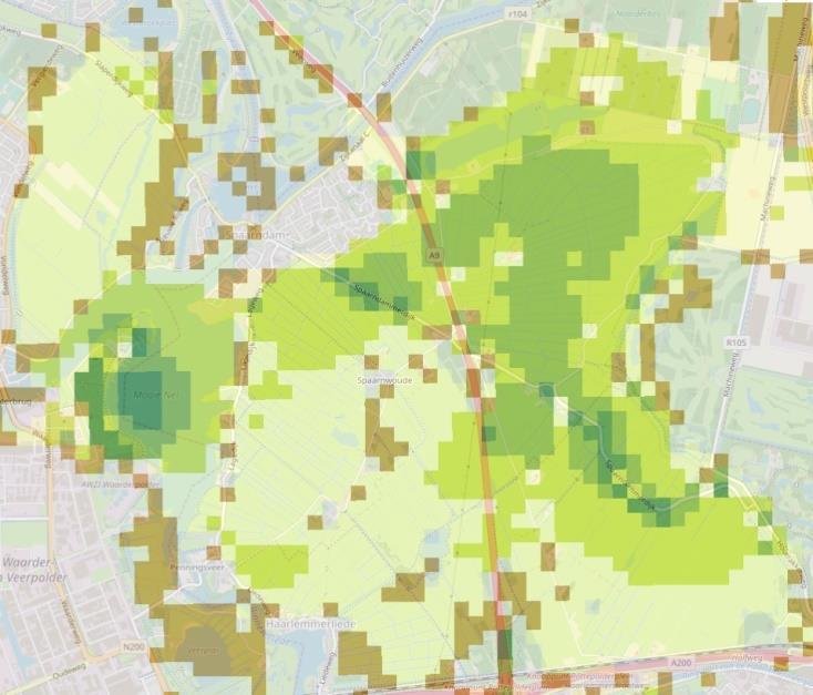 In figuren 80, 81, 82 en 83 is weergegeven hoe op basis van satellietbeelden en geanalyseerd door WUR (Beheer op Maat) de actuele situatie is in de grootste polders in Amstelland ten aanzien van de