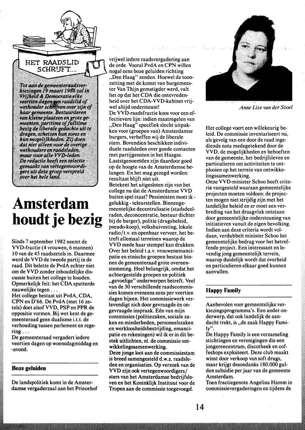 Amsterdam houdt je bezig Sinds 7 september 1982 neemt de VVD-fractie ( 4 vrouwen, 6 mannen) 10 van de 45 raadszetels in. Daarmee werd de VVD de tweede partij in de raad.