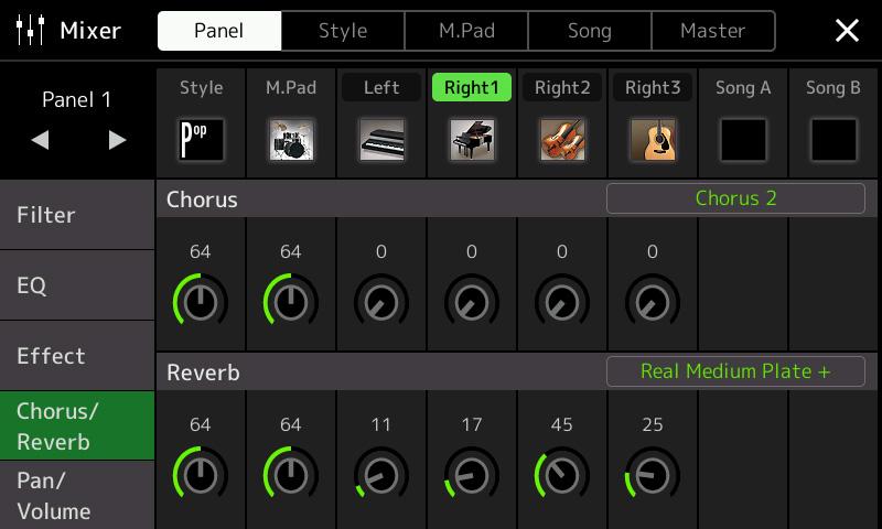 Effectparameters bewerken (Chorus/Reverb) Zoals in de vorige sectie is beschreven, zijn Chorus en Reverb systeemeffecten die op het gehele geluid van het instrument worden toegepast.