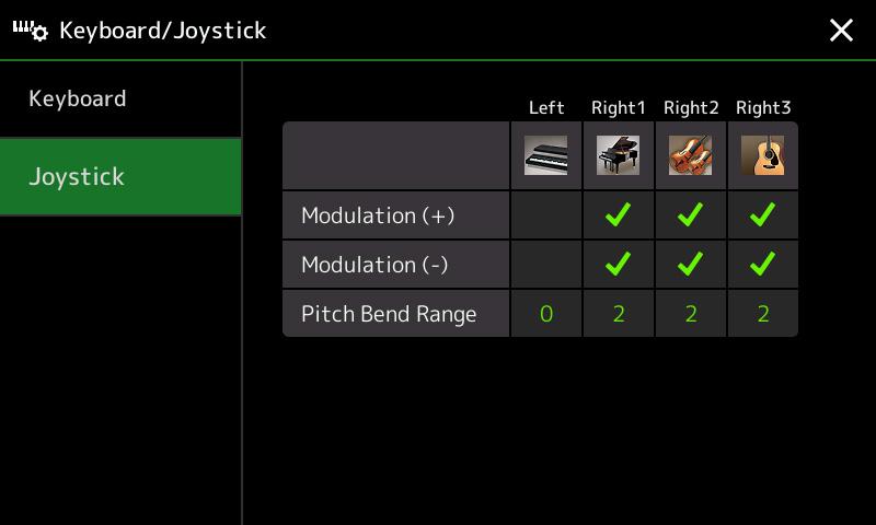 De joystickinstellingen opgeven U kunt vanaf de display die wordt opgeroepen via [MENU] [Keyboard/Joystick] [Joystick] bepalen of de effecten die door de joystick worden geregeld, onafhankelijk voor