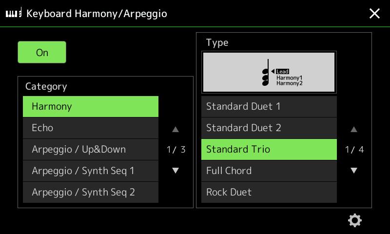 Gedetailleerde instellingen voor Harmony/Arpeggio opgeven U kunt verschillende instellingen voor de functies Harmony en Arpeggio voor het toetsenbord inclusief het volumeniveau opgeven.