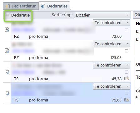 2.3. Optieknop meerdere declaraties In de declaratierun is een optieknop aanwezig om acties uit te voeren voor meerdere declaraties uit de geopende run: De volgende acties kunnen uitgevoerd worden