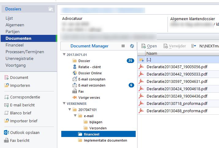 Verder worden in het digitaal dossier (scherm 'Documenten' van een dossier) het Word en het PDFbestand van de declaratie opgeslagen. Deze staan in de Verkenner onder de map 'Financieel'.