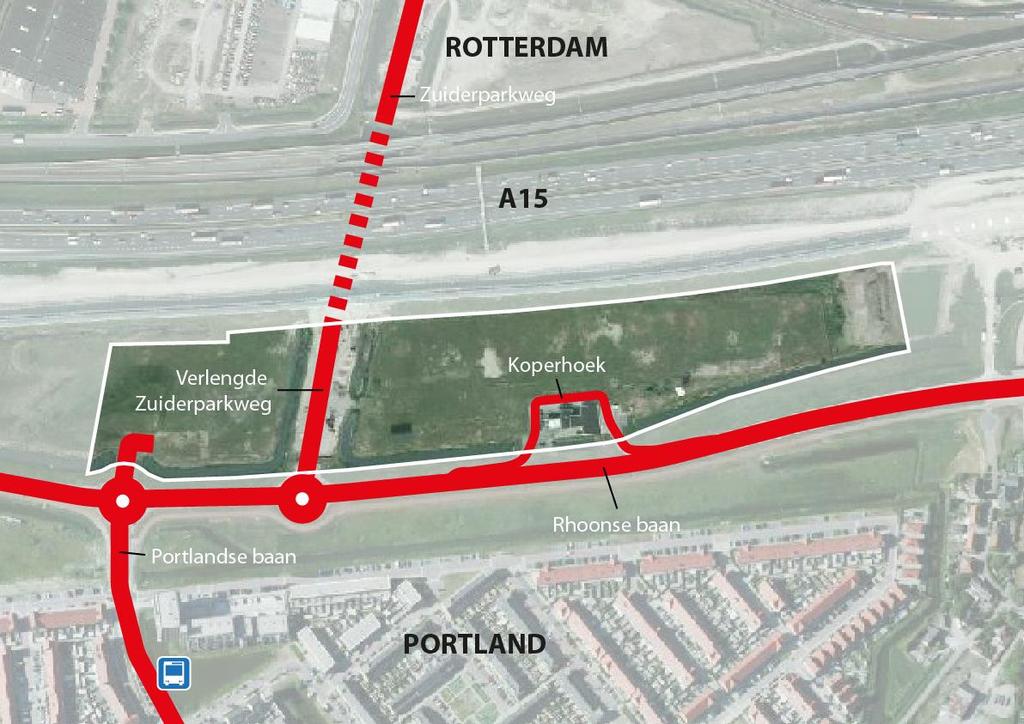 17 De Verlengde zuiderparkweg is een tunnel die onder A15 door gaat en op een rotonde is ontsloten op de Rhoonse baan.