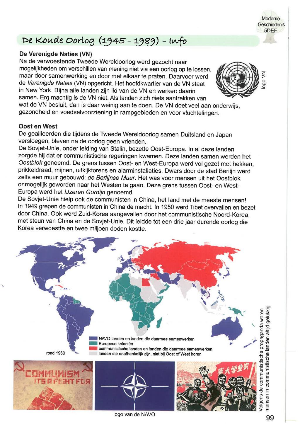 De Koude Oorlog (1945-1989) - info Moderne / Geschiedenis SDEF ac E De Verenigde Naties (VN) Na de verwoestende Tweede Wereldoorlog werd gezocht naar mogelijkheden om verschillen van mening niet via