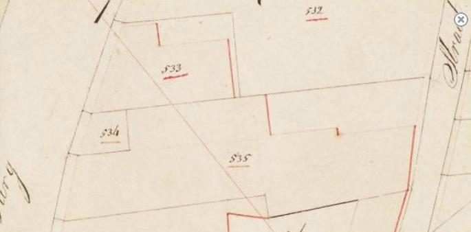 Lingen, B. van der. - De firma G. Rompelman & Compagnie, fabrikant in grof aardewerk en pijpen te Kampen Afb. 5. De Burgwal (links) en de Schapensteeg (onder) met de kadasternrs. 534 en 535.