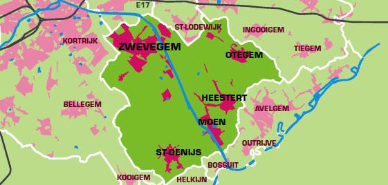 ONZE GEMEENTE Zwevegem, gelegen in het zuiden van West-Vlaanderen, bevindt zich tussen de Leie en de Schelde. De gemeente bestaat uit 5 deelgemeenten: Heestert, Moen, Otegem, Sint-Denijs en Zwevegem.