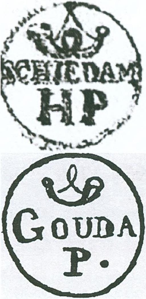 De postmeester van Schiedam, in dienst van de Hollandse Statenpost 2, liet in zijn stempel boven de plaatsnaam een posthoorn zetten en eronder 'HP' voor 'Hollandsche Post' (afb. 5a).