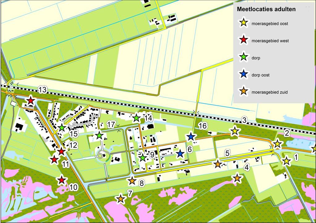 Figuur 2.2: Meetlocaties in en rondom Griendtsveen (meetlocatie 18 ligt buiten de kaart) voor de volwassen steekmuggen en knutten.
