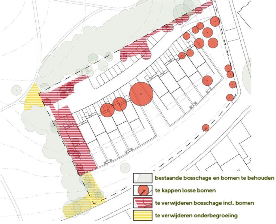 Indicatieve weergave te kappen elementen (bron: Veenenbos en Bosch landschapsarchitecten) Langs de noordelijke rand wordt nieuw bos aangeplant, in aansluiting op het sortiment van de bestaande