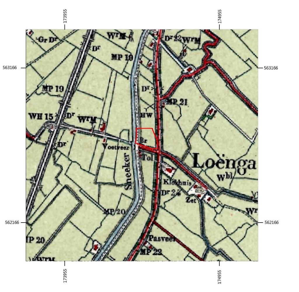 Afb. 12. Het plangebied (rood kader) op het Bonneblad uit 1900 (bron: http://digicollectie.tresoar.nl/object.php?
