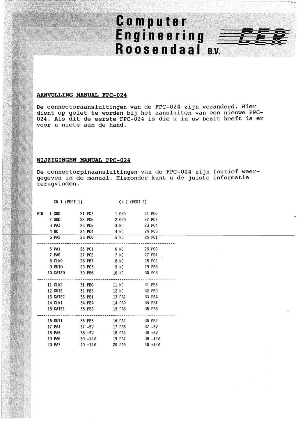 Computer Engineering Roosendaal B.V. De connectoraansluitingen van de FPC-024 zijn veranderd.