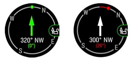 Druk in de kompas-trainingsweergave op OK om je huidige koers te vergrendelen. De afwijking ten opzichte van je vergrendelde koers zal dan in het rood worden weergegeven.