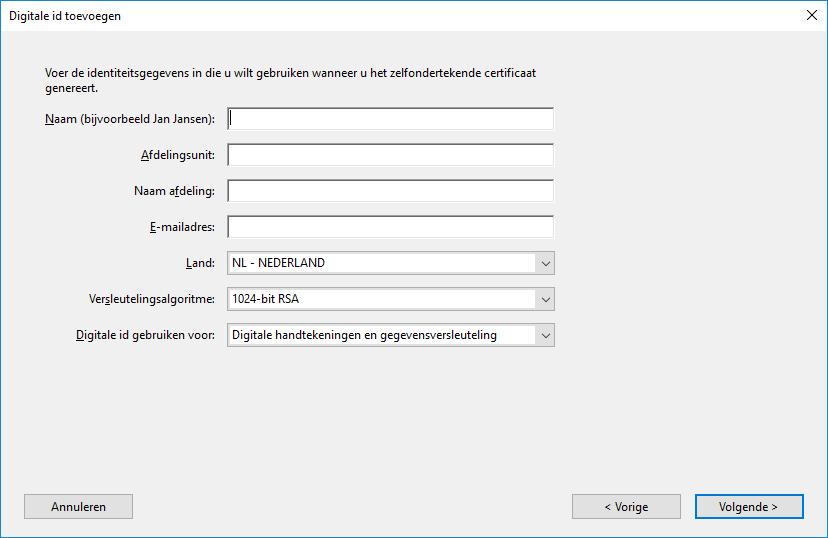 Nieuw PKCS#12-bestand voor digitale id's Hiermee worden de gegevens over de digitale id opgeslagen in een bestand met de extensie.pfx in Windows en.p12 in Mac OS.