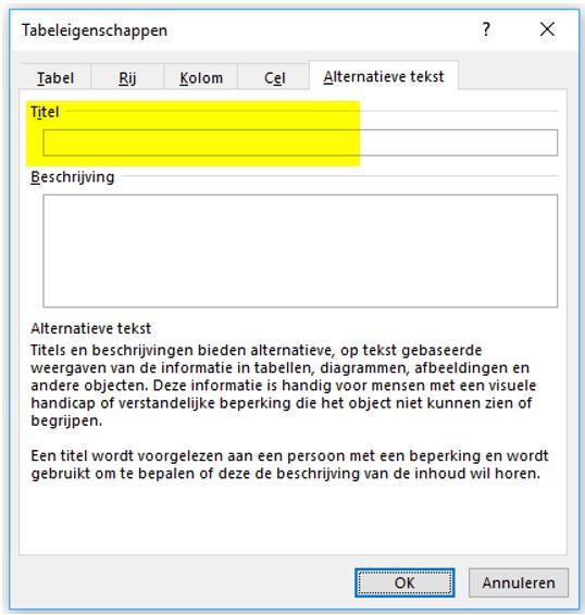 In tab Alternatieve tekst dient het veld titel