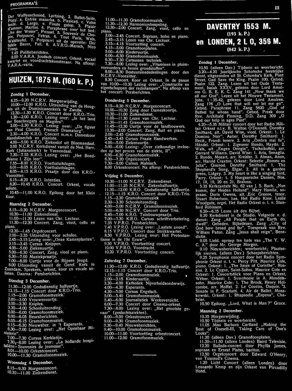 Na adoon V.A.R-A.-varia. anoop. HUIZEN, 1875 M. (160 k. P.) Zondag 1 December. 8.25 9.20 N.C.R.V. Morgenwijdincr. 10.00 12.00 K.R.O. Uitzending van de Hoo -- mis uit de Dominicanenkerk te Zwolle.