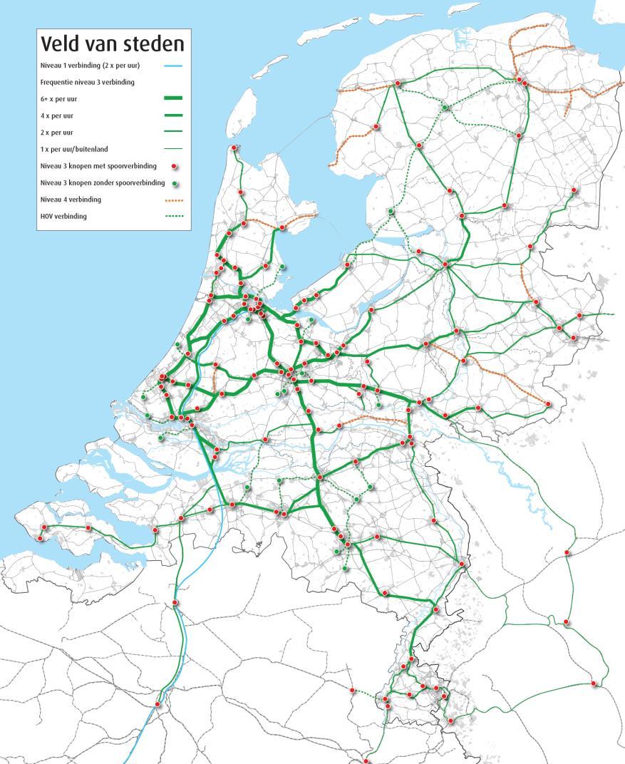 Perspectief 2: Veld van Steden Hoofdkeuzes mobiliteitsnetwerk: Focus op goede verbindingen tussen middelgrote steden Ruimte voor nieuwe ÍC- stations: 150 knopen IC als randstad-metro (6-10x per uur)