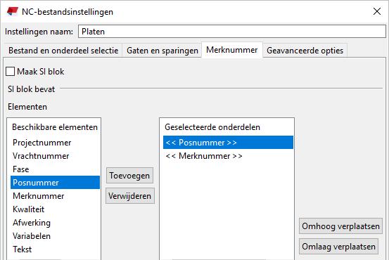 Wanneer u eerst het posnummer definieert in het SI blok in plaats van het merknummer, zal de naam van het NC bestand nog steeds met het