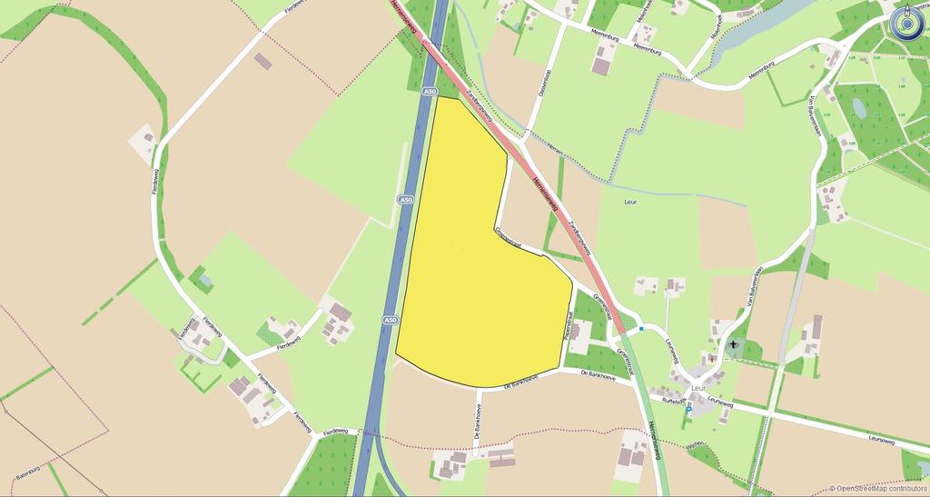 Zonnepark Bankhoef: de locatie Ten westen van Leur, ten zuiden van Hernen, parallel aan A50 en langs de Hernenseweg. Totale gebied 25 hectare.