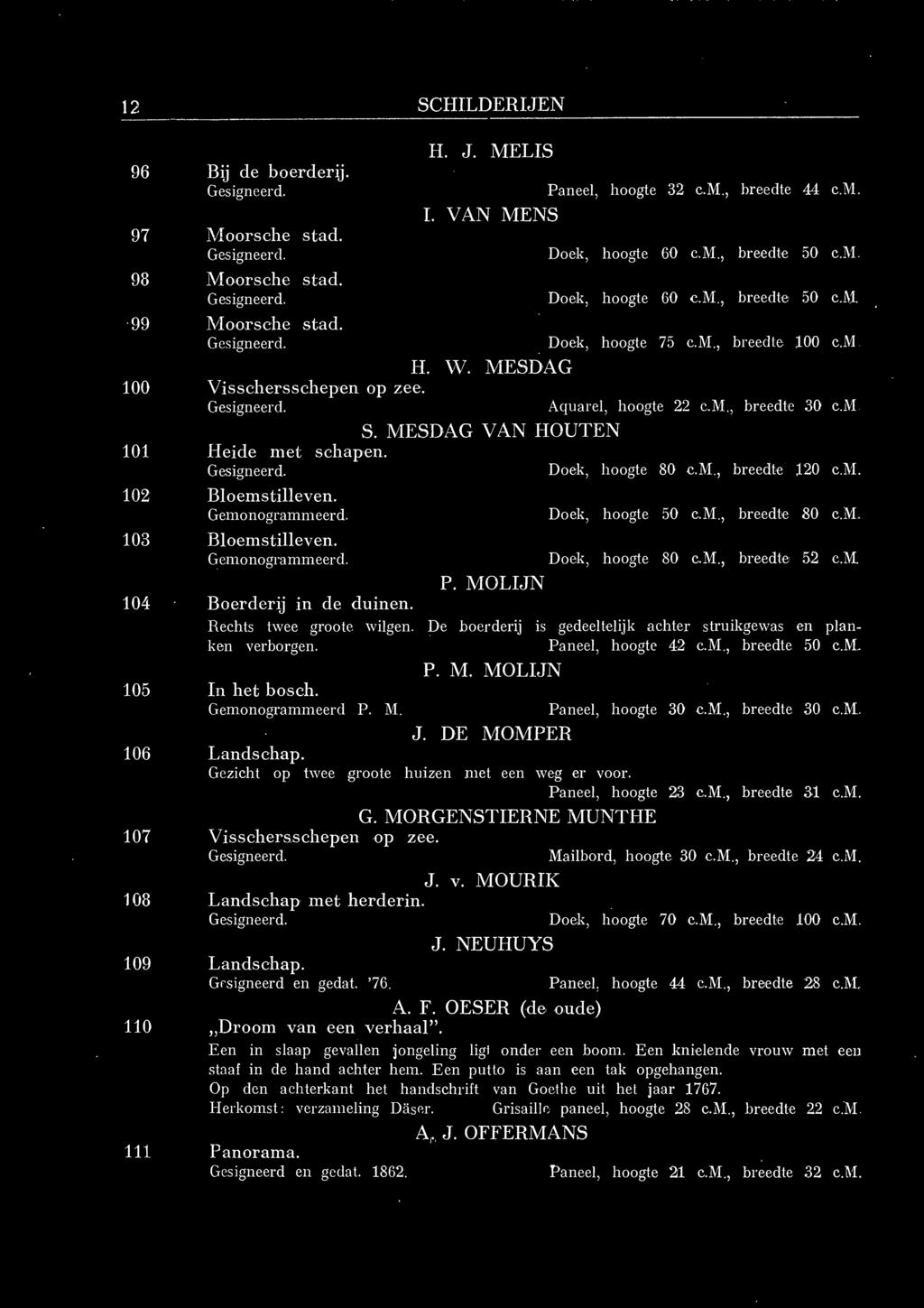 12 SCHILDERIJEN 96 Bij de boerderij. 97 Moorsche stad. 98 Moorsche stad. 99 Moorsche stad. 100 Visschersschepen 101 Heide met schap 102 Bloemstilleven. Gemonogrammeerd. 103 Bloemstilleven.