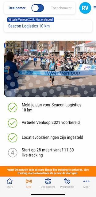 Zorg vervolgens dat je ingelogd bent in je profiel en je inschrijving voor de Virtuele Venloop ook gekoppeld is aan je profiel. Als je dan naar het tabje Live gaat, krijg je onderstaand beeld te zien.