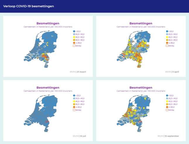 Venray in het landelijke beeld In de onderstaande kaartjes is het landelijke verloop van de besmettingen gedurende