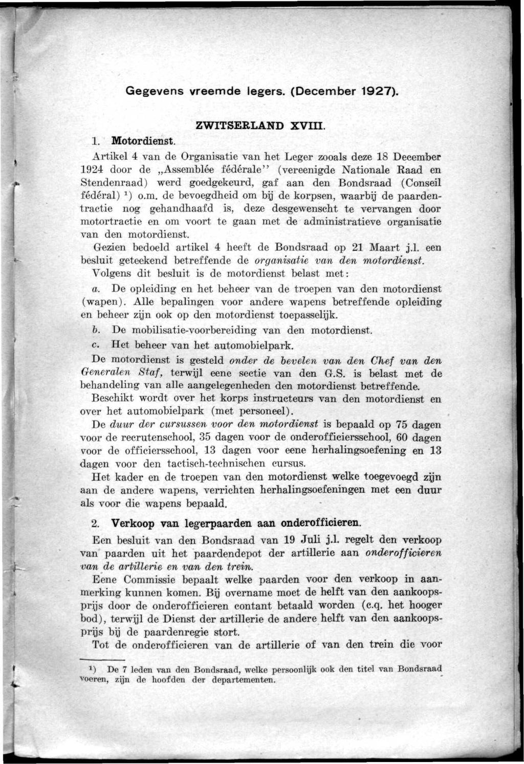 Gegevens vreemde legers. (December 1927). ZWITSERLAND XVIII. 1. Motor dienst.