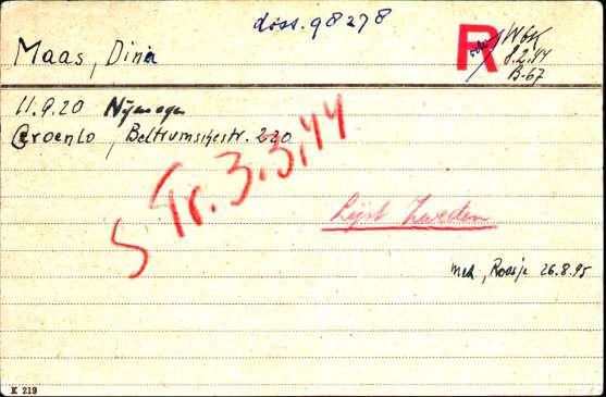 27 Kaart van de Joodse Raad, aankomst in Westerbork op 8 februari 1944, barak 67 (strafbarak). Dossier 98278.