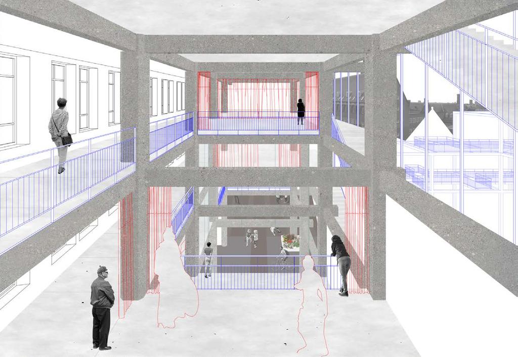 Door extractie van twee vloervelden per verdieping ontstaat een cascaderend atrium.