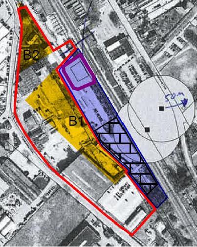 Figuur 14: Overzichtskaart explosievenonderzoek met risicozones, plangrens project (rood), bebouwing (geel), parkeerplaatsen (blauw), reservering parkeerdek (zwart) en het beschoten gebouw (paars)