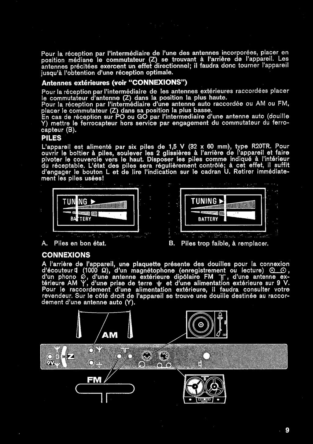 Pour la réception par lintermédiaire de! une des antennes incorporées, placer en position médiane le commutateur (Z) se trouvant a l arriére de l'appareil.