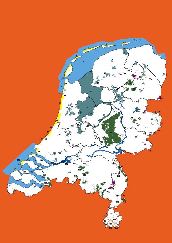 De 162 Natura 2000-gebieden in Nederland De Natura 2000-gebieden zijn verdeeld over de Natura 2000-landschappen: Noordzee, Waddenzee en Delta Duinen Rivierengebied
