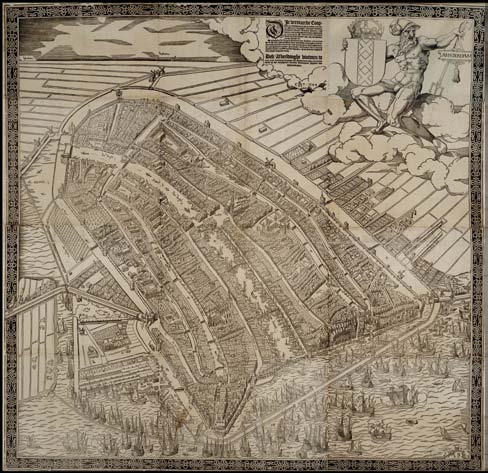 Vogelvluchtkaart 1544 We zijn in de tijd aangekomen bij de vroegste plattegrond van de stad, die van Cornelis Anthonisz.