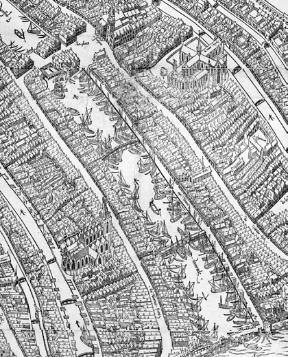 Damrak (nat) en Op t Water (droog) Omdat op de oudste kaart van Amsterdam, die van Cornelis Anthonisz, reeds een kade langs de westoever van de Amstel lag zijn we geneigd te denken dat die er altijd