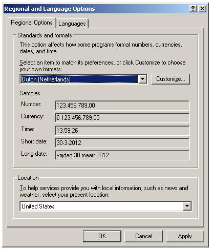 Selecteer vervolgens Regional and Language Options Selecteer in Regional Options tabblad bij