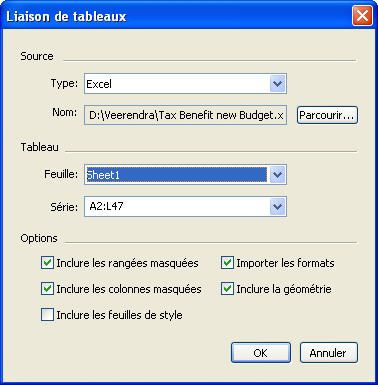KADERS, LIJNEN EN TABELLEN Het dialoogvenster Tabeleigenschappen 4 Klik op Blader om een Excel-bestand te selecteren dat moet worden geïmporteerd.