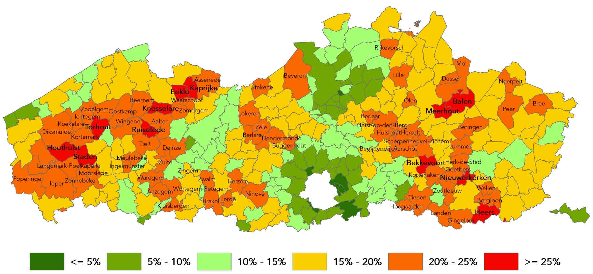 Arbeidsgehandicapte NWWZ per gemeente Top 5 aantallen en aandelen Het aandeel arbeidsgehandicapte NWWZ verschilt sterk per gemeente en varieert ruwweg tussen 5% en 3.