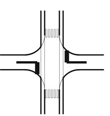 Bij aanwezigheid van fietspaden of -stroken op de toevoerstraten: de fietspadmarkering stopt voor het kruispunt (mits veilige overgang naar menging).